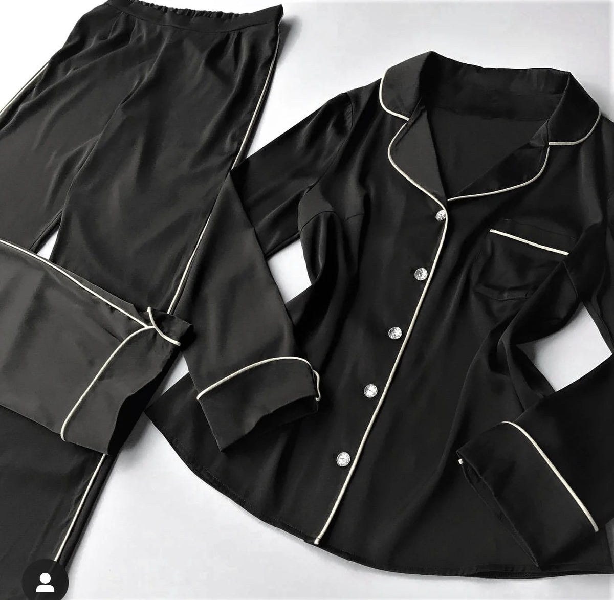 Black Silk Night Suit Turn Down Collar Long Sleeves