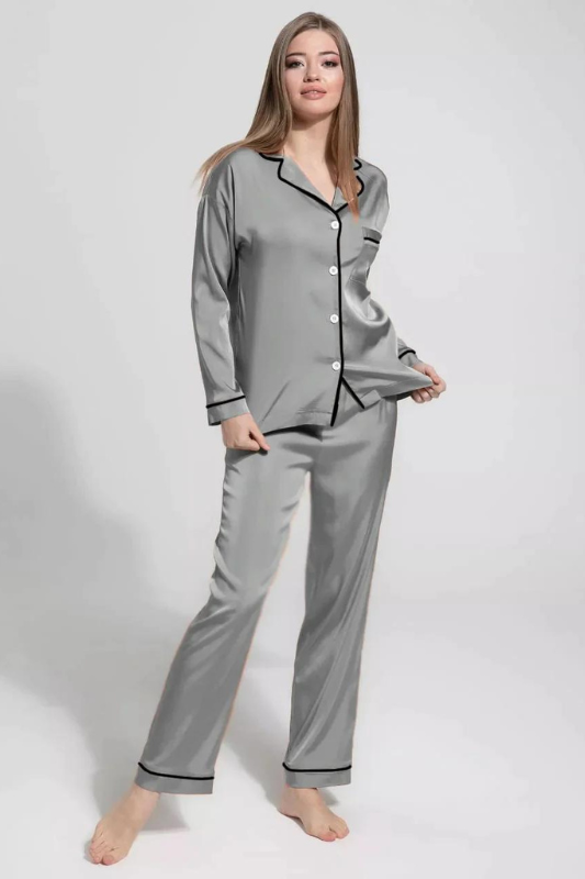 Gray Silk Night Suit Turn Down Collar Long Sleeves