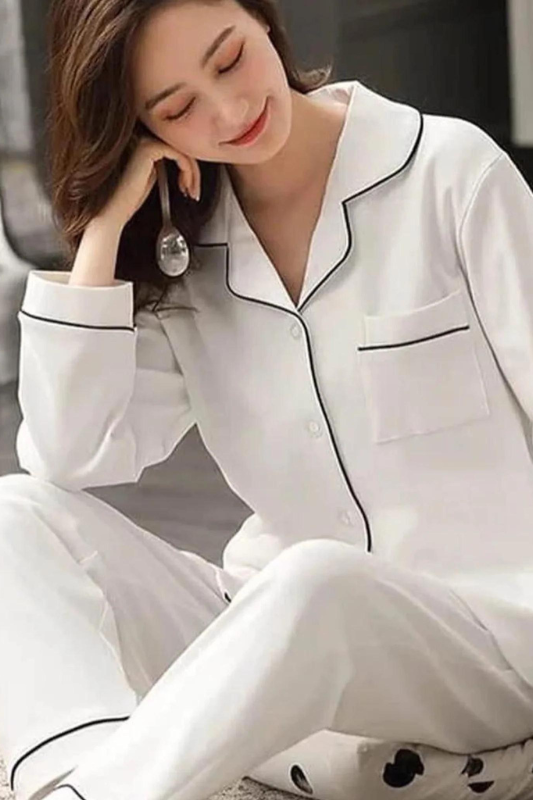 White Silk Night Suit Turn Down Collar Long Sleeves