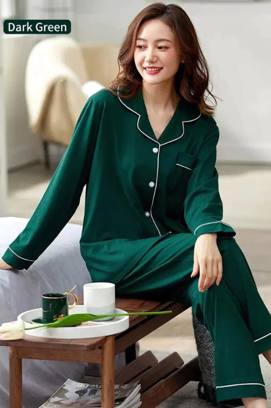 Dark Green Silk Night Suit Turn Down Collar Long Sleeves
