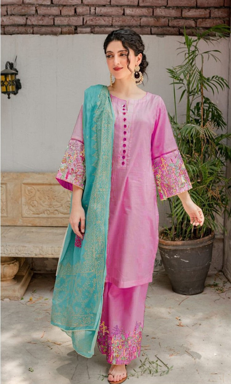 Turquoise and Pink Floral 3PC (Lawn)