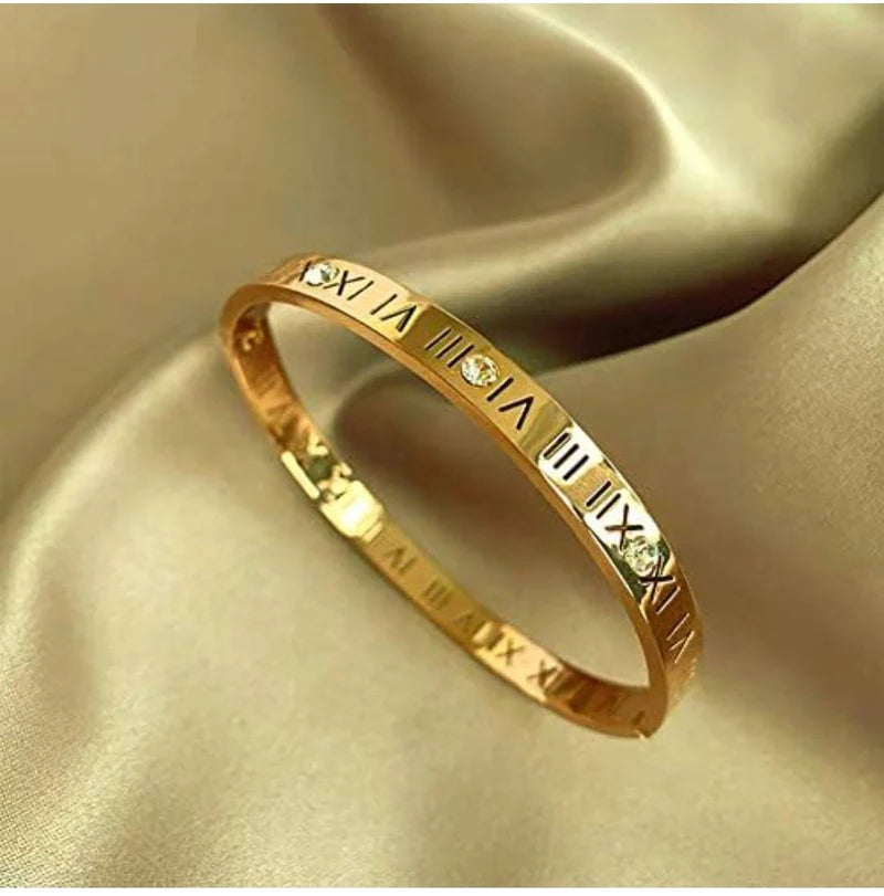 Roman Numeral Gold-Plated Bangle with Crystal Accents