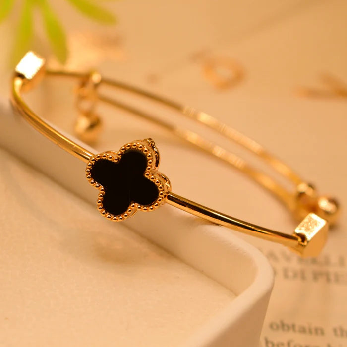 Gold-Plated Clover Charm Bangle with Black Enamel