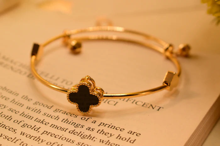 Gold-Plated Clover Charm Bangle with Black Enamel