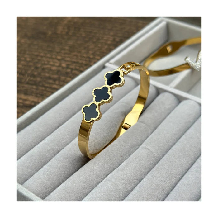 Triple Clover Gold-Plated Bangle with Black Enamel Accents