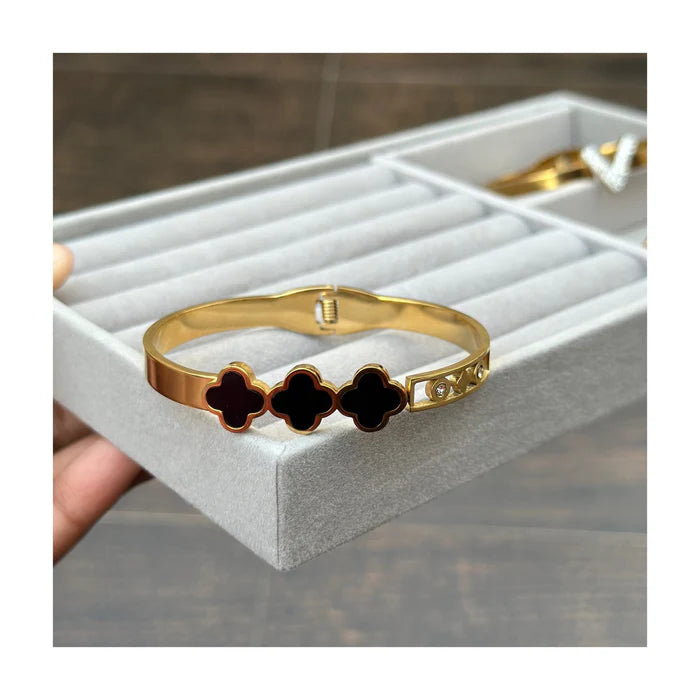 Triple Clover Gold-Plated Bangle with Black Enamel Accents